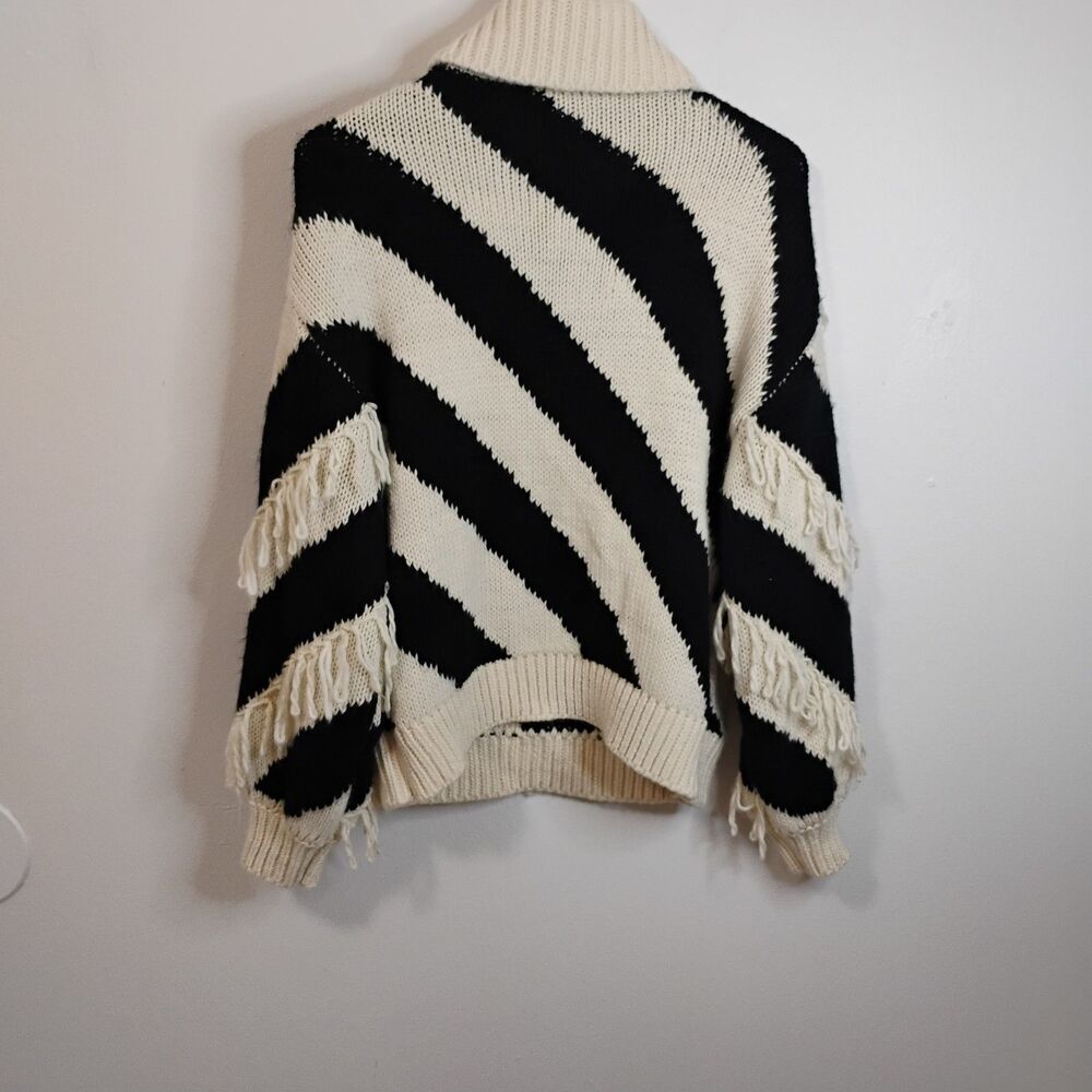 Black & White Candy Cane Striped Knit Sweater Fringe Turtleneck Beatnik Paris Xs - Picture 2 of 9